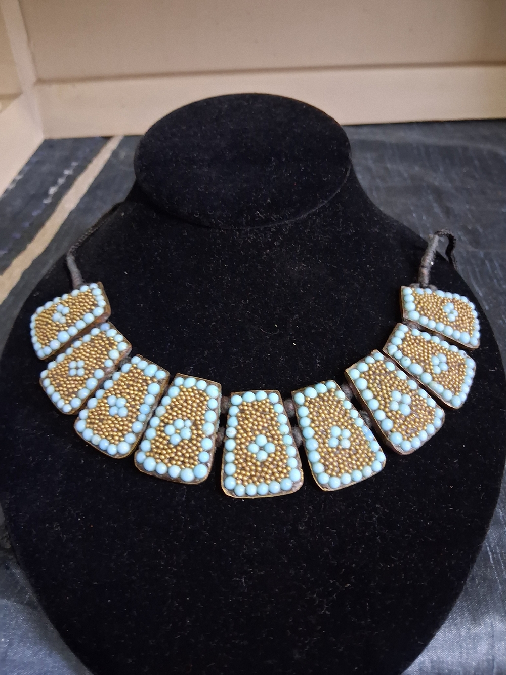 Fashion Jewelry Kashmir Turquoise Gold Statement Beaded Collar Necklace Tribal
